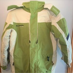Columbia Coat, with Hood, Youth Size 10/12, Green and Ivory